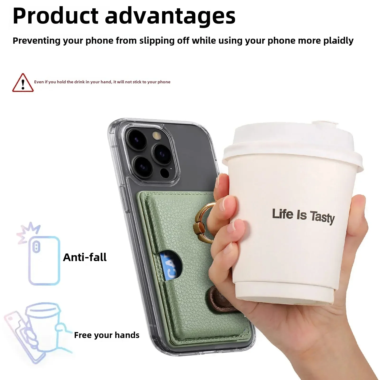 Lychee Pattern Oil Edge Mobile Phone Card Holder Solid Color Inserter Coin Clip Color Block Gift Back Adhesive Card Holder