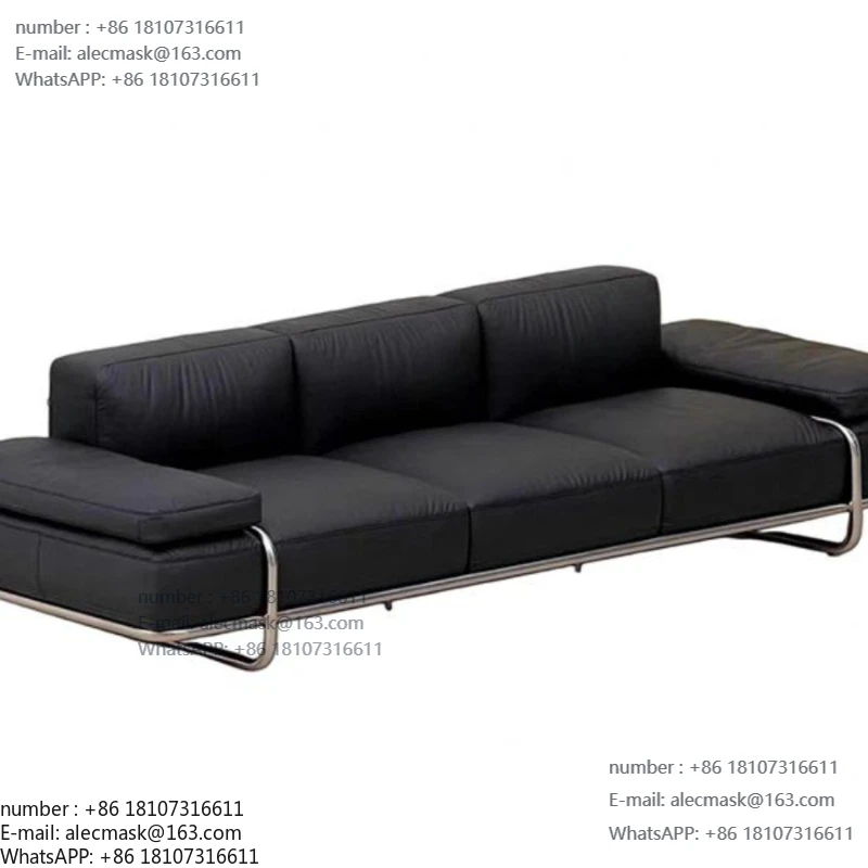 

Minimalist retro style Bauhaus stainless steel sofa designer black leather art straight row living room small apartment