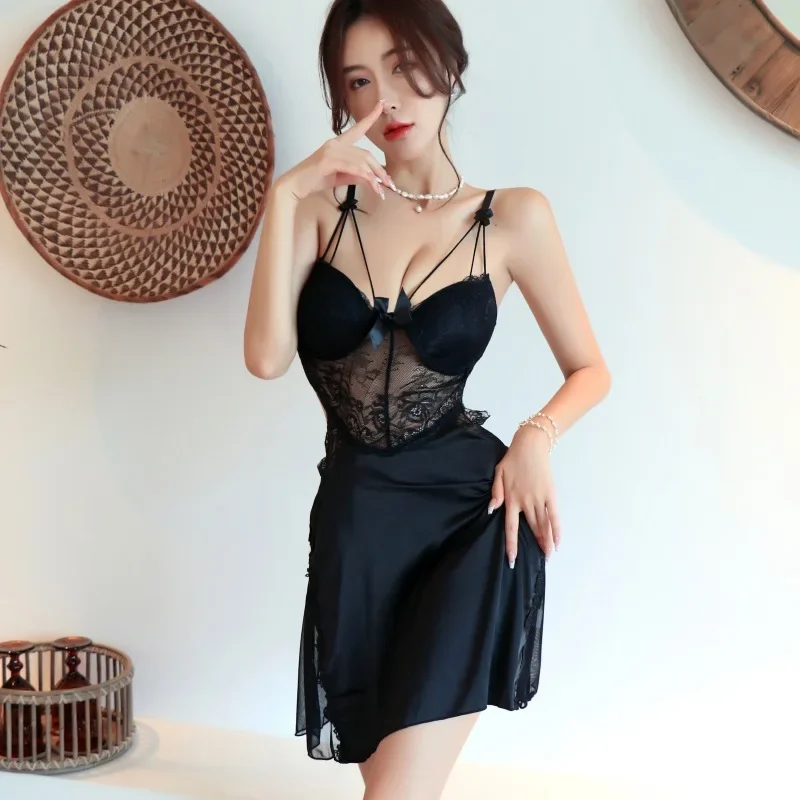 

Hollow Lace Transparent Nightgown Sexy Lingerie Women's Pajamas Dress Sexy Camisole Night Dress Chest Cushion Womens Sleepwear