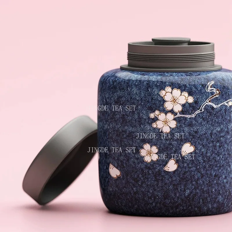 Blue Kiln Glazed Ceramic Tea Canister with Pink Sakura Pattern and Silver Metal Lid Airtight Storage Jar for Loose Leaf Tea