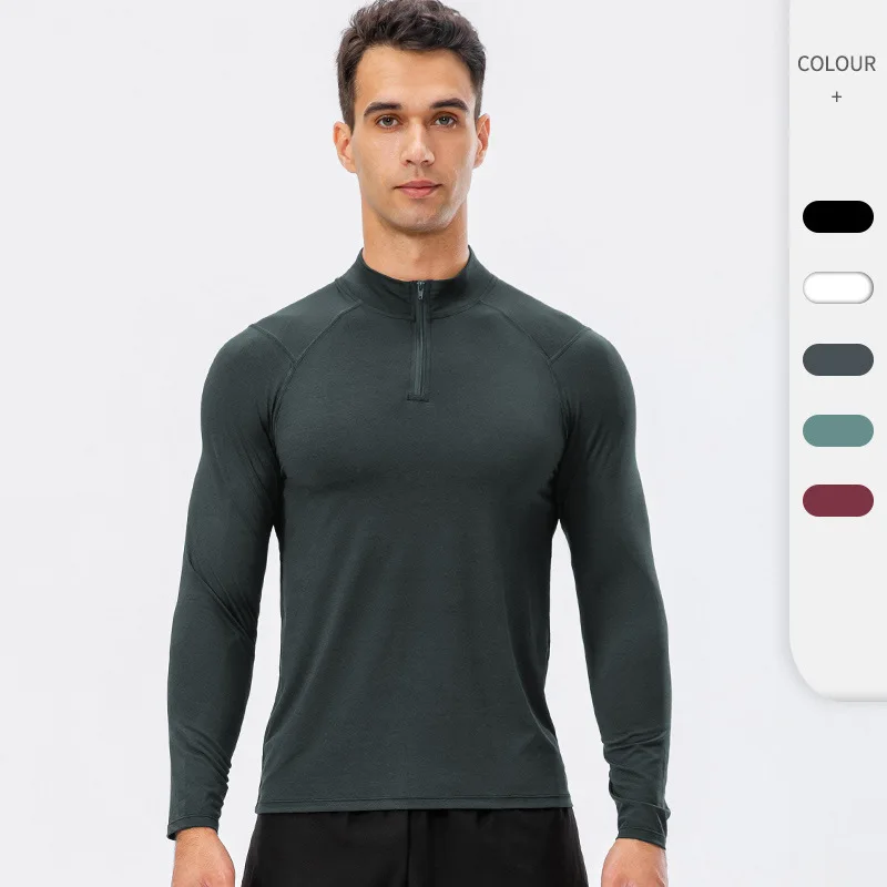

New Fitness Long Sleeve Shirt Men Semi Zipper Slim Workout Clothes Quick Dry Sports Wear Pullover Hoodie Jackets Gym Training