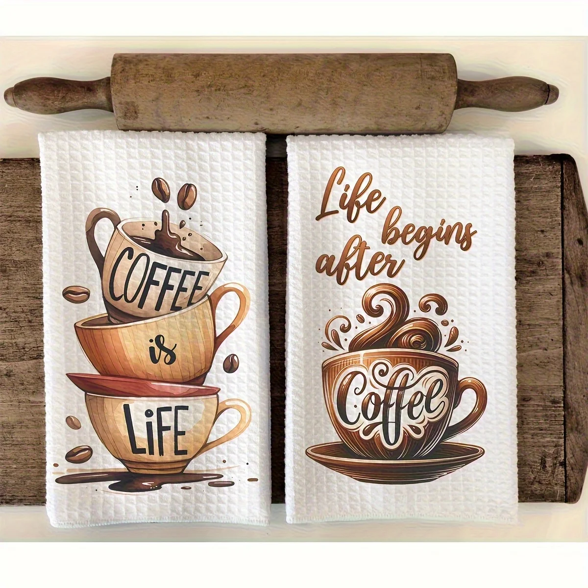 2 country coffee themed kitchen towels, super absorbent grid, machine washable kitchen bath decorative cartoon pattern towel set
