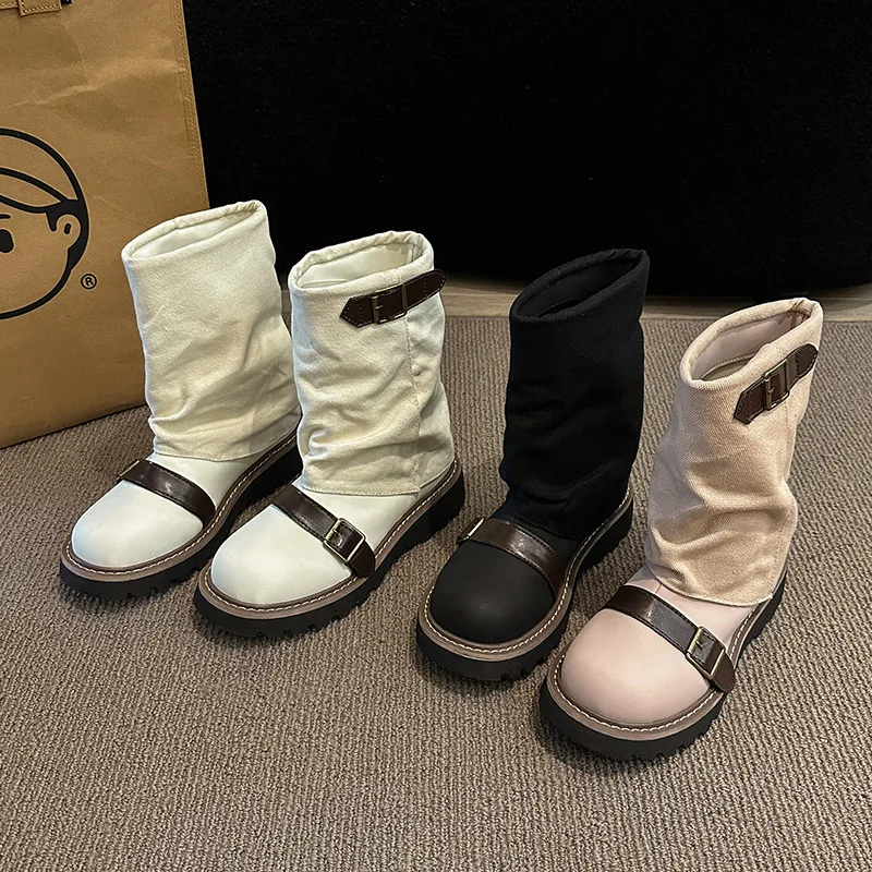 Sonbahar kovboy botları yeni kemer toka çizmeler kadın 2023 kalın alt kot boru çizmeler rahat orta buzağı kişiselleştirilmiş ayakkabı Goth ayakkabı