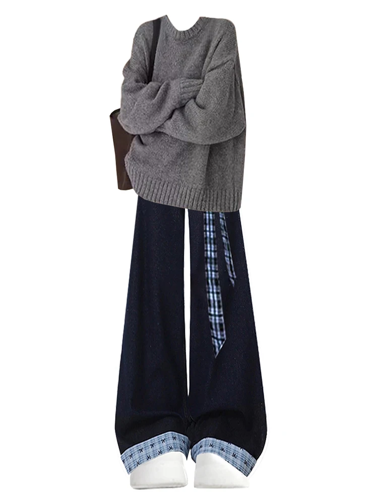 Simple Knitted Sweater And Jeans Set Women's Autumn Winter New Loose Feelings Ootd Matching Whole Set High Waist Long Sve
