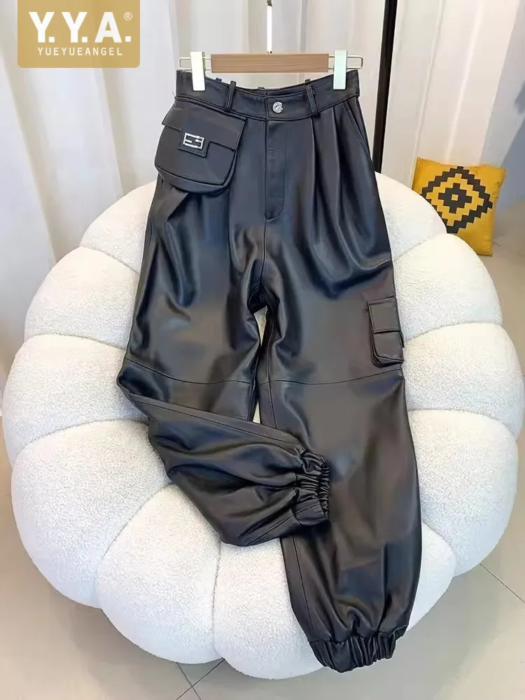 

New High Street Women Genuine Leather Pants High Waist Sheepskin Cargo Pants Casual Ankle Length Punk Female Motorcycle Trousers