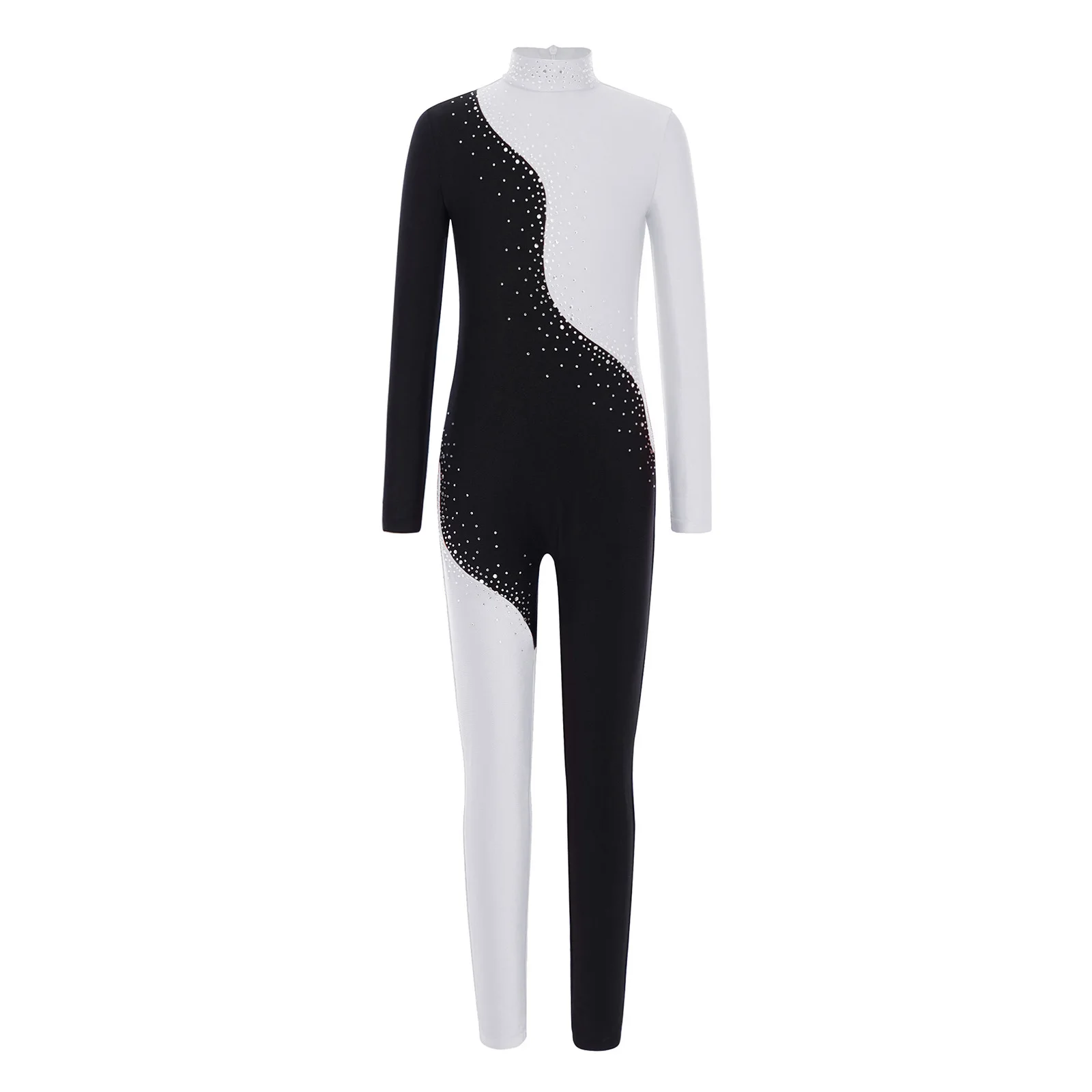 Kids Girls Shiny Rhinestones Rhythmic Gymnastics Figure Skating Leotard Long Sleeve Ballet Dance Acrobatics Yoga Jumpsuit