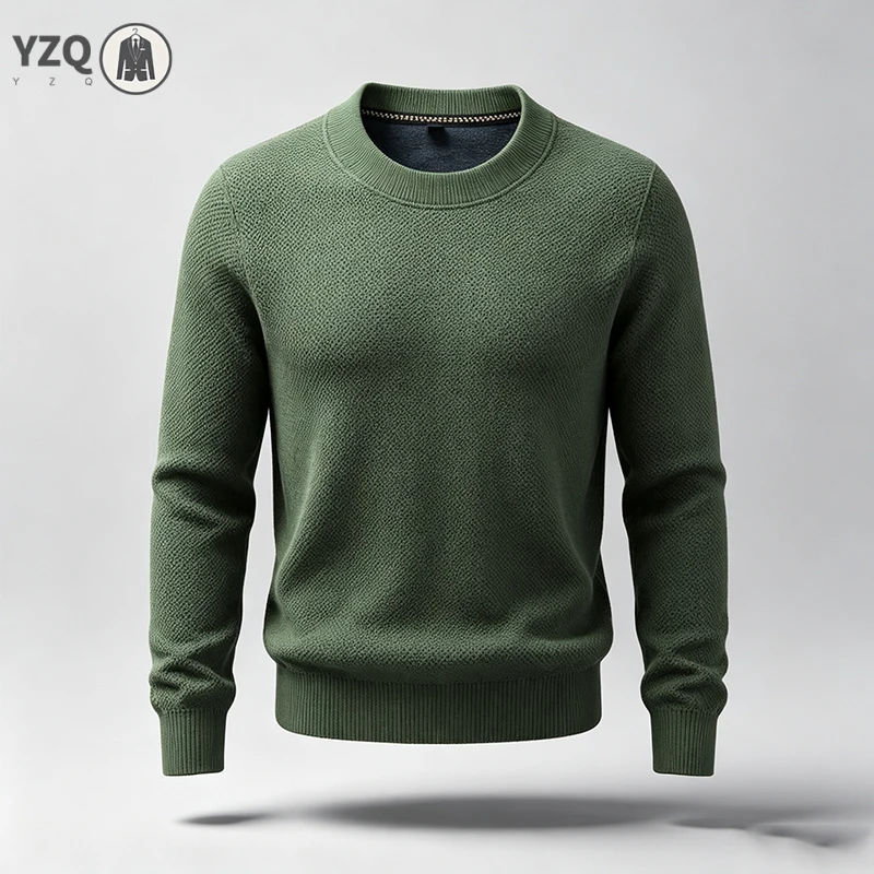 Male Warm Knitted Pullover Round Neck Solid Weave Pattern Lightweight Fabric Long Sleeve Tops For Daily Social Occasions