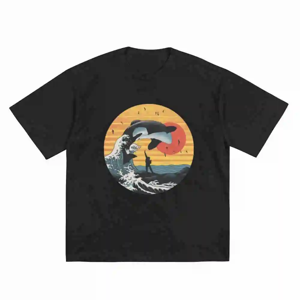 Free Willy Movie Japanese Kanagawa Surf Orca Whale Short Sleeve Tee 100% Cotton T-Shirt