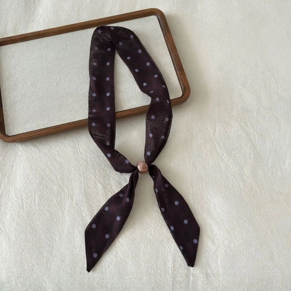 Fashion Vintage Thin Polka Dot Neckerchief Beads Adjustable Choker Scarf Long Narrow French Style Silk Scarf Necklace Party