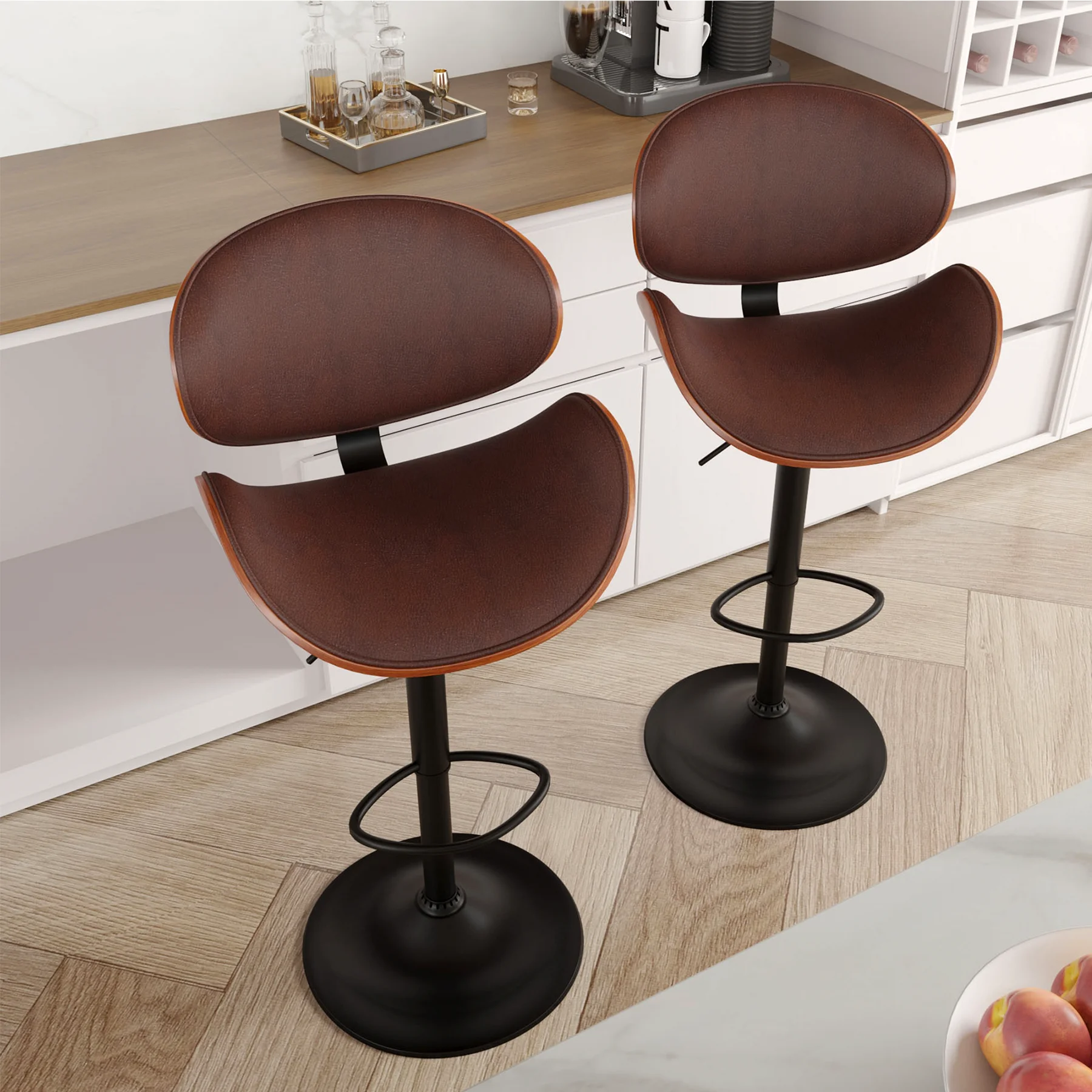 Rotativo Bar Stool Set com encosto e Footstool, PU Couro Almofada, Contra Altura, Bar Chair, Cozinha e Restaurante, 2 pcs