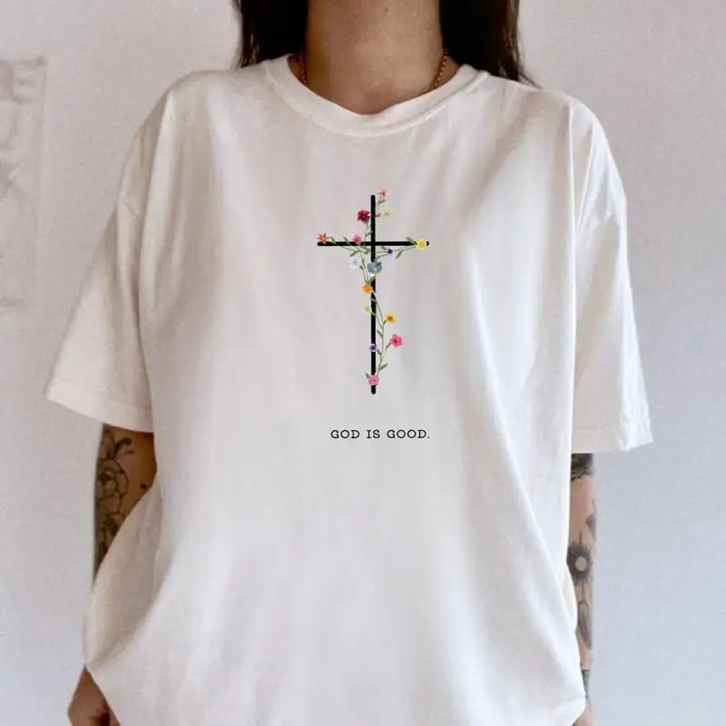 

Floral Cross "God Is Good" Christian T-shirt, Religious Faith Gift, Aesthetic Jesus Scripture Top,Easter Church Outfit for Women