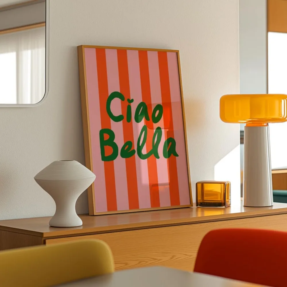 Stampa Ciao Bella, Strisce Arancioni E Rosa, Stampa Artistica Italiana Xiao, Stampa Retrò Ciao, Poster Italiano, Stampa Tipografica Colorata F311