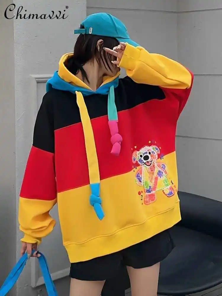 

Larger Size Color Contrast Patchwork Mid-Length American Sweatshirts Womens Hooded Loose Casual Cool Long Sleeve Pullover Hoodie