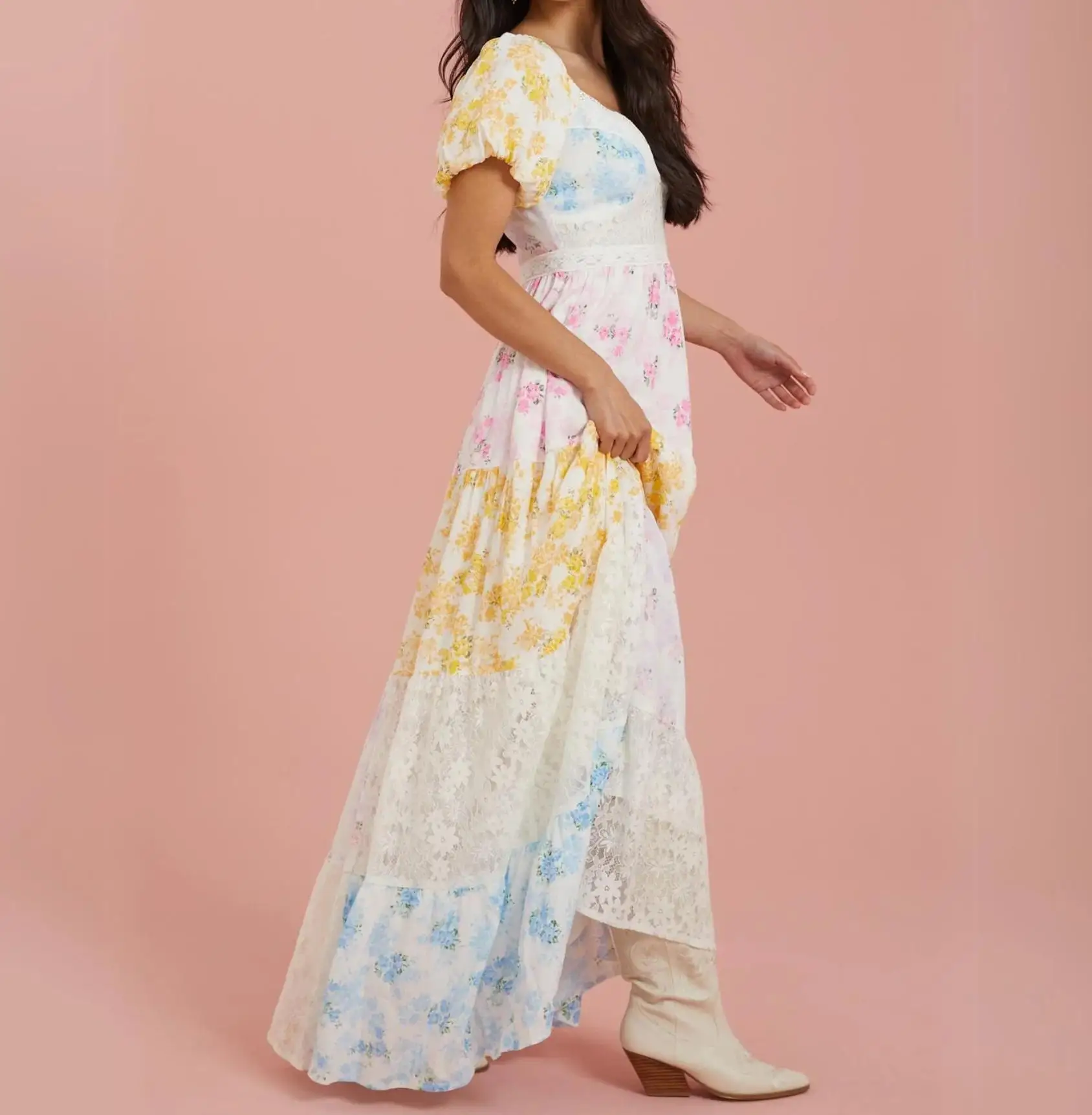 Nieuwe Dames Bloemenprint Lange Jurk Korte Pofmouwen V-hals Hoge Taille Flowy A-lijn Jurk Huidvriendelijk Hot Koop S M L