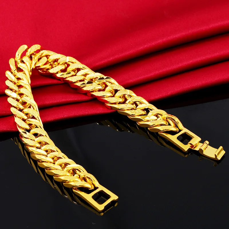 Pure  Gold Color 12mm Men\'s Bracelet, 24K Gold Filled Link Chain Heavy Bangle Bracelets for Men 19.5cm,Wholesale Fashion Jewelry