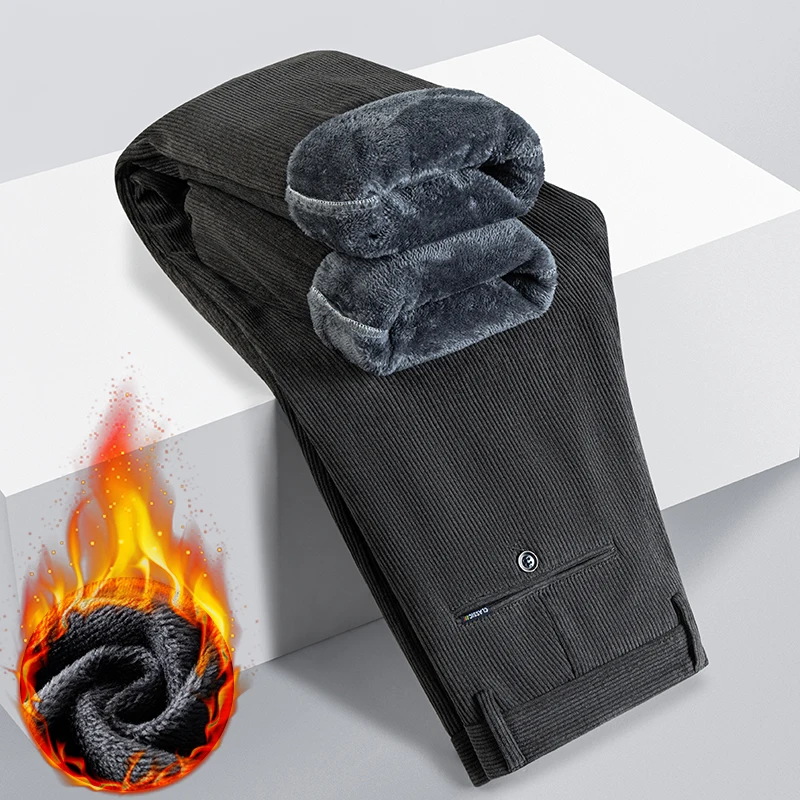 Winter Men's Corduroy Thick Casual Pants Business Casual Fleece Warm Straight Trousers Lining Velvet Work Pants Black Grey Brown
