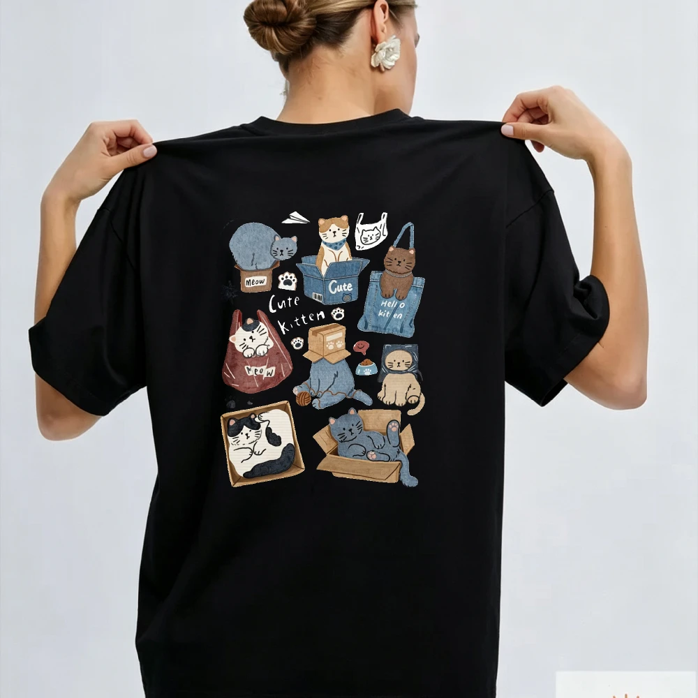 Women Cute Kittens Hiding in Boxes Collage Graphic Tshirt Hand Drawn Box Cat Various Poses Tee Loose Cotton Cat Lover Casual Top