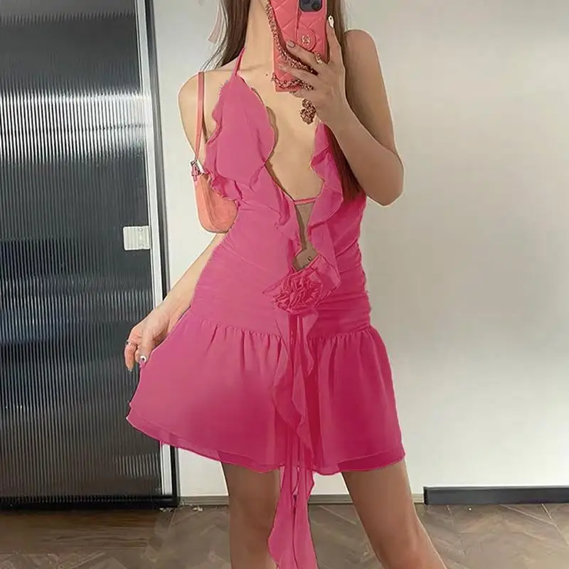 

Women Sexy 3D Flower Ribbon Ruffles Mini Dress Summer Clothes V Neck Lace Up Backless Pleated Slim Dresses Club Party Vestidos