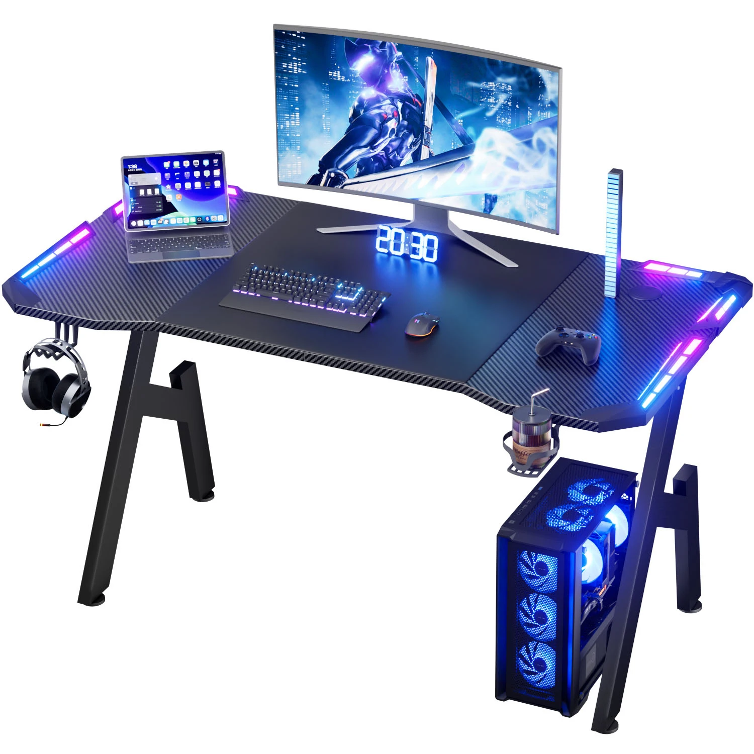 RGB LED Gaming Desk with App Control Lights, A-Shaped Sturdy Metal Frame Carbon Fiber Surface Gaming Table, Ergonomic Curved Computer Desk with Cup Holder & Headset Hook, Adjustable Foot Pads Gaming Workstation for PC Gamers