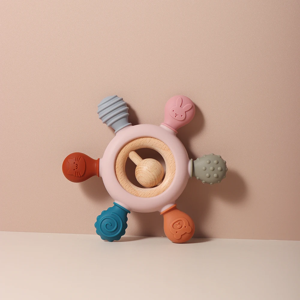 New Food Grade Baby Silicone Teether Rudder Shape with Wooden Ring Teething toy teeth ease rattle