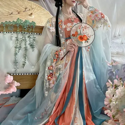 중국 한푸 여성 전통 한푸 댄스 요정 의상, 고대 공주 섬세한 자수 코스프레 드레스 세트, 봄 여름