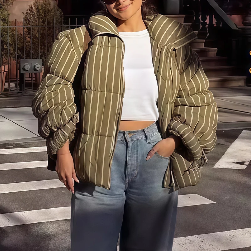 ملابس نسائية شتوية جديدة لعام 2025، سترة قطنية منتفخة غير رسمية فضفاضة ومريحة، تصميم ياقة واقفة عالية، أكمام فانوس