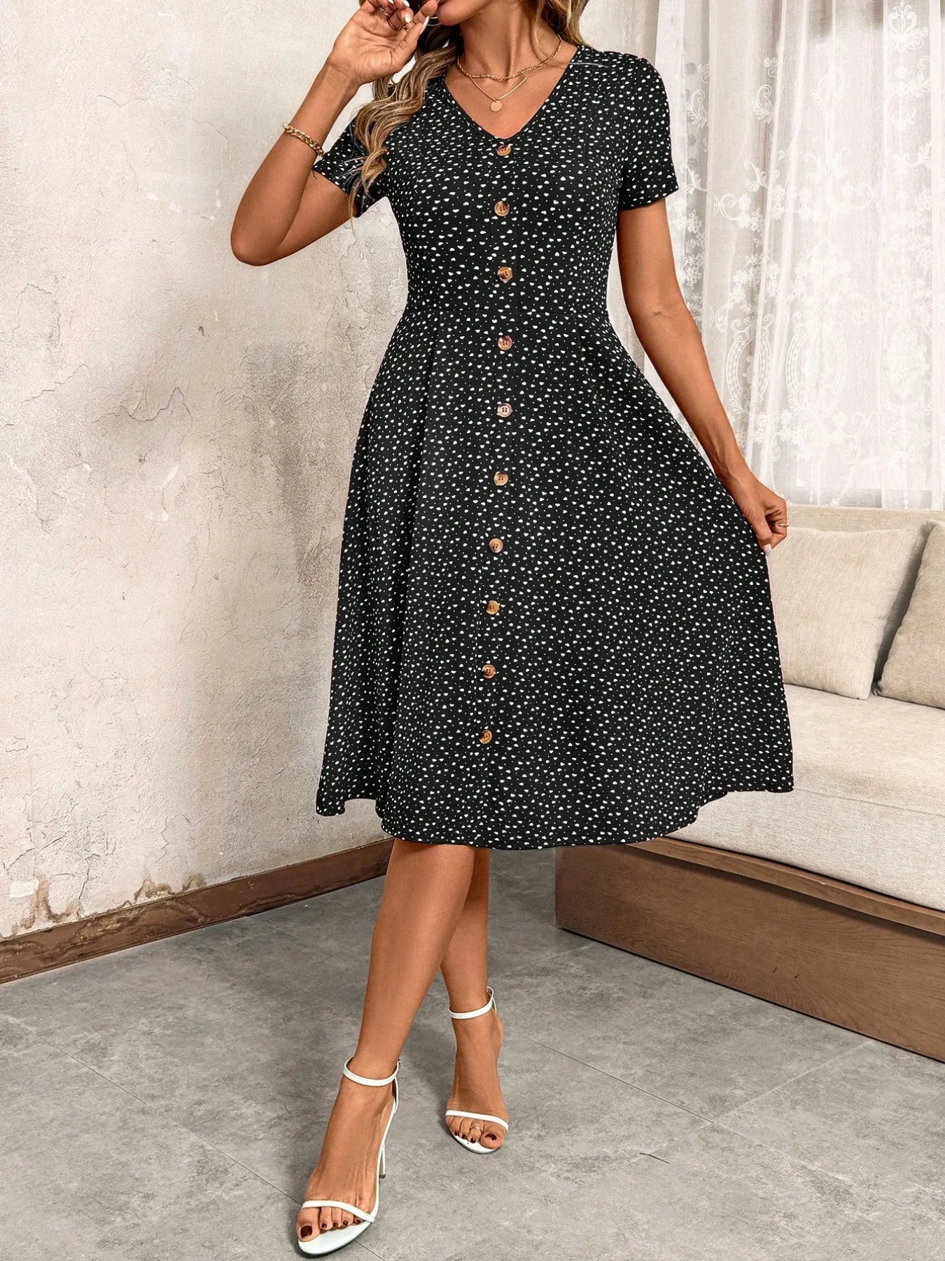 Damen Polka Dot V-Ausschnitt Midikleid Lässiges Knopfleisten-Kurzarmkleid A-Linie Swing Sommer Strandkleid – Detail 5