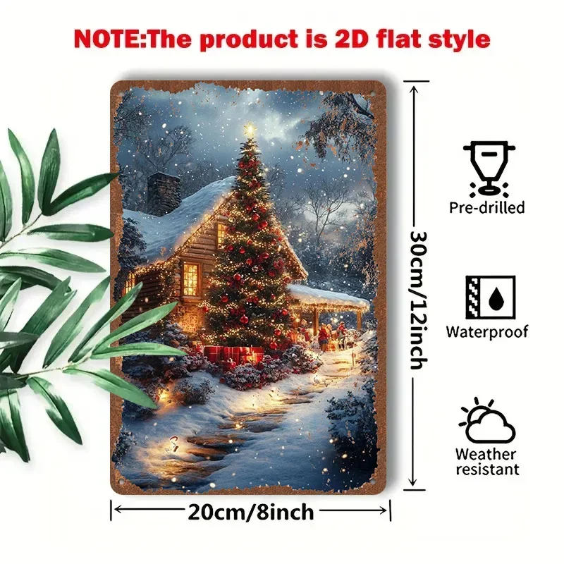 2D Flat - A 1pc 2D [Flat] Metal Sign Featuring a Vintage Tin Painting Titled 'Winter Snow Scene with Cabin And Christmas Tree' M