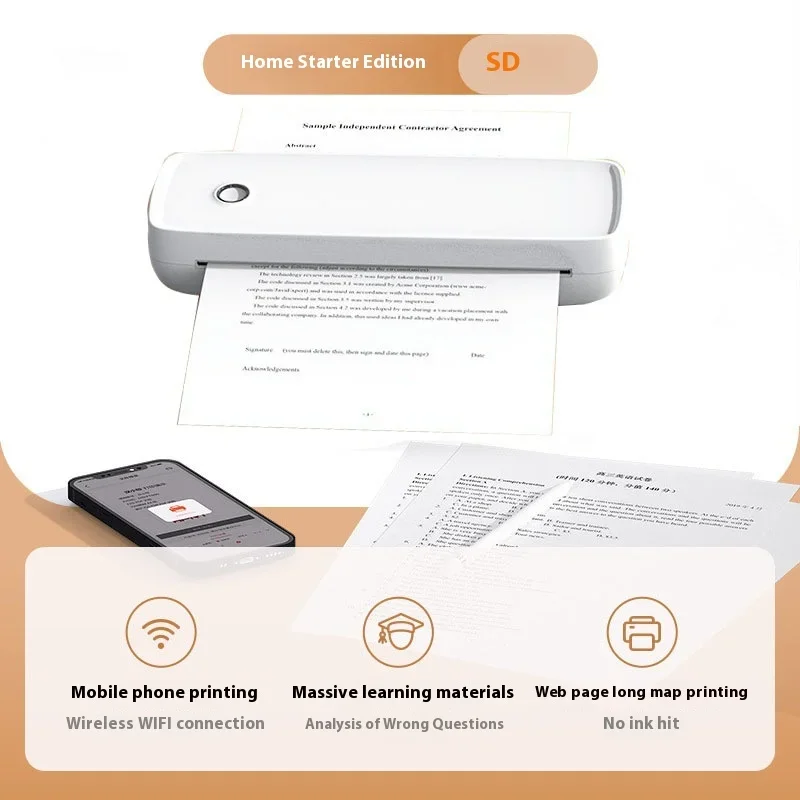 A4 Portable Bluetooth Thermal Printer Rechargeable Wireless Inkless Printer Compatible with Windows Android Mac Home Study