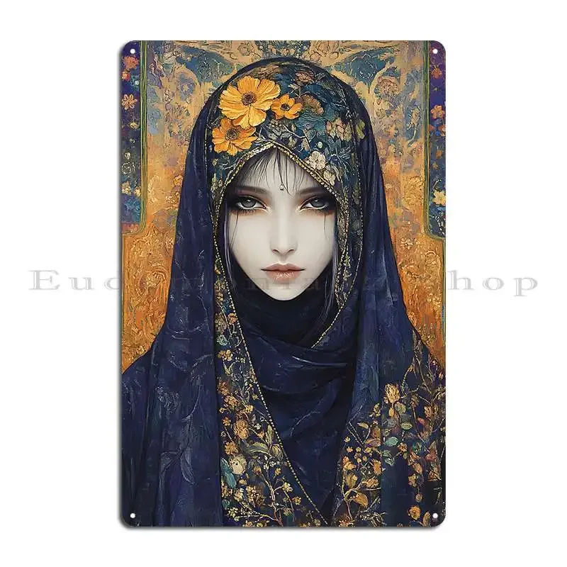 Elegant Woman Adorned In A Floral Patterned Headscarf Metal Plaque Create Customized Painting Wall Mural Create Tin Sign Poster
