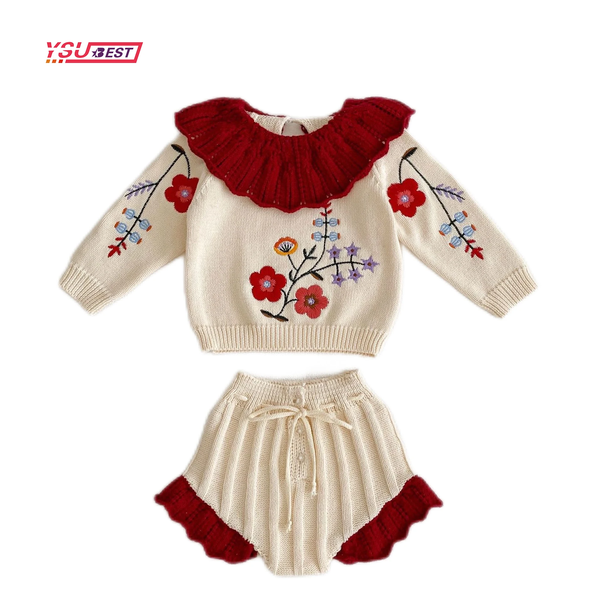 

2022 Autumn Girl Knitting Long Sleeve Embroidery Coat Infant Lotus Leaf Collar Warm Coat + Lace Trousers 2Pcs 0-3Y Baby Suit