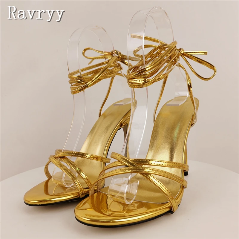 Women Metallic Gold Strappy High Heel Sandals Fashion Open Toe Thin Stiletto Heels Ankle Wrap Lace Up Party Heeled Sandals