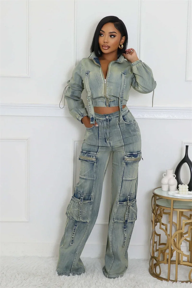 Streetwear Denim 2-częściowe zestawy damskie Strój wiosenny Kobiety 2025 Jean Crop Top Cargo Pant Sets Kowbojskie dwuczęściowe zestawy damskie