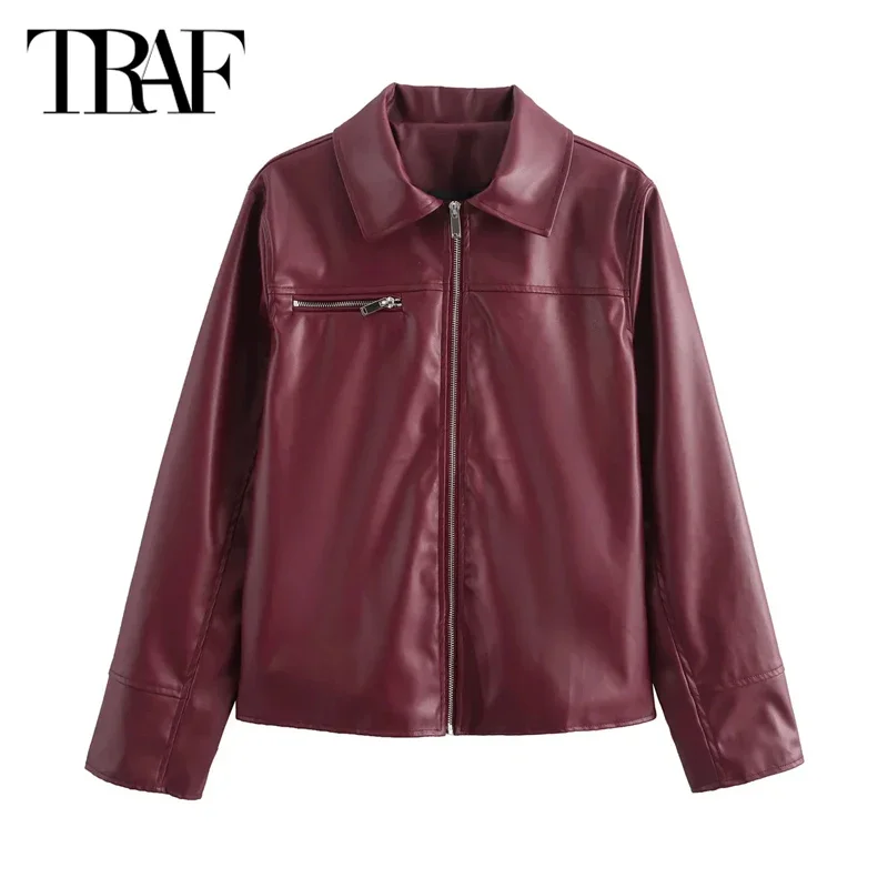 TRAF 2024 Women Faux Leather Jacket Autumn Winter Women Fashoin Long Sleeve Burgundy Jacket New in Outerwears Streetwear Coats