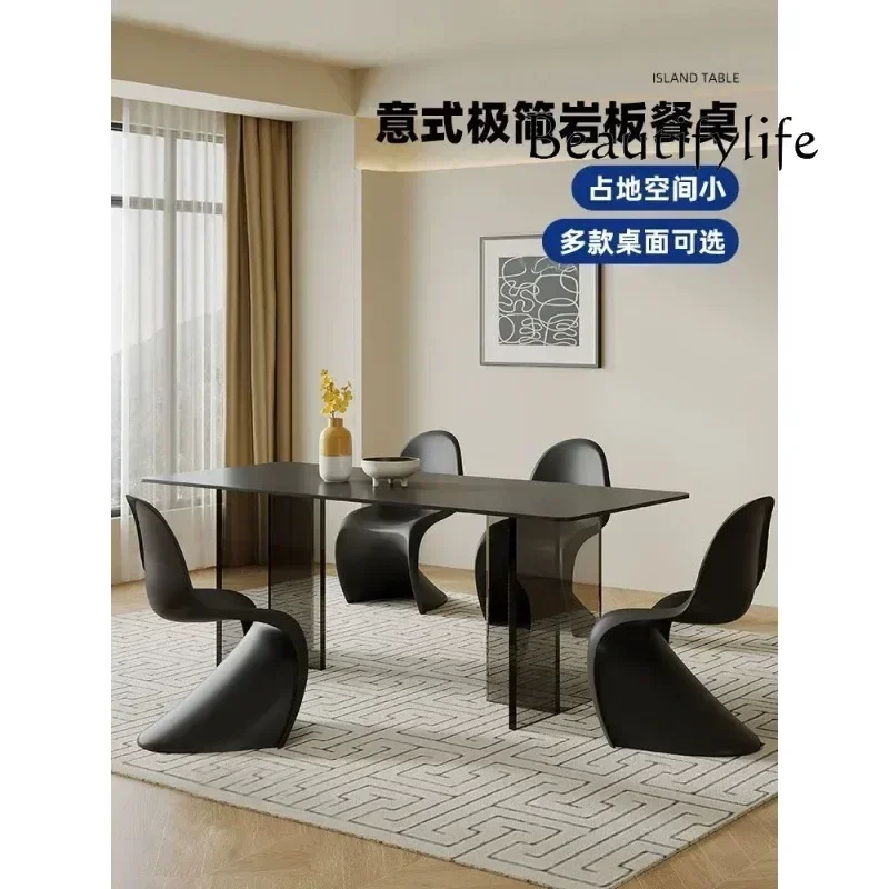 N Acrylic rock slab dining table pure black light luxury modern simple hanging rectangular floating table