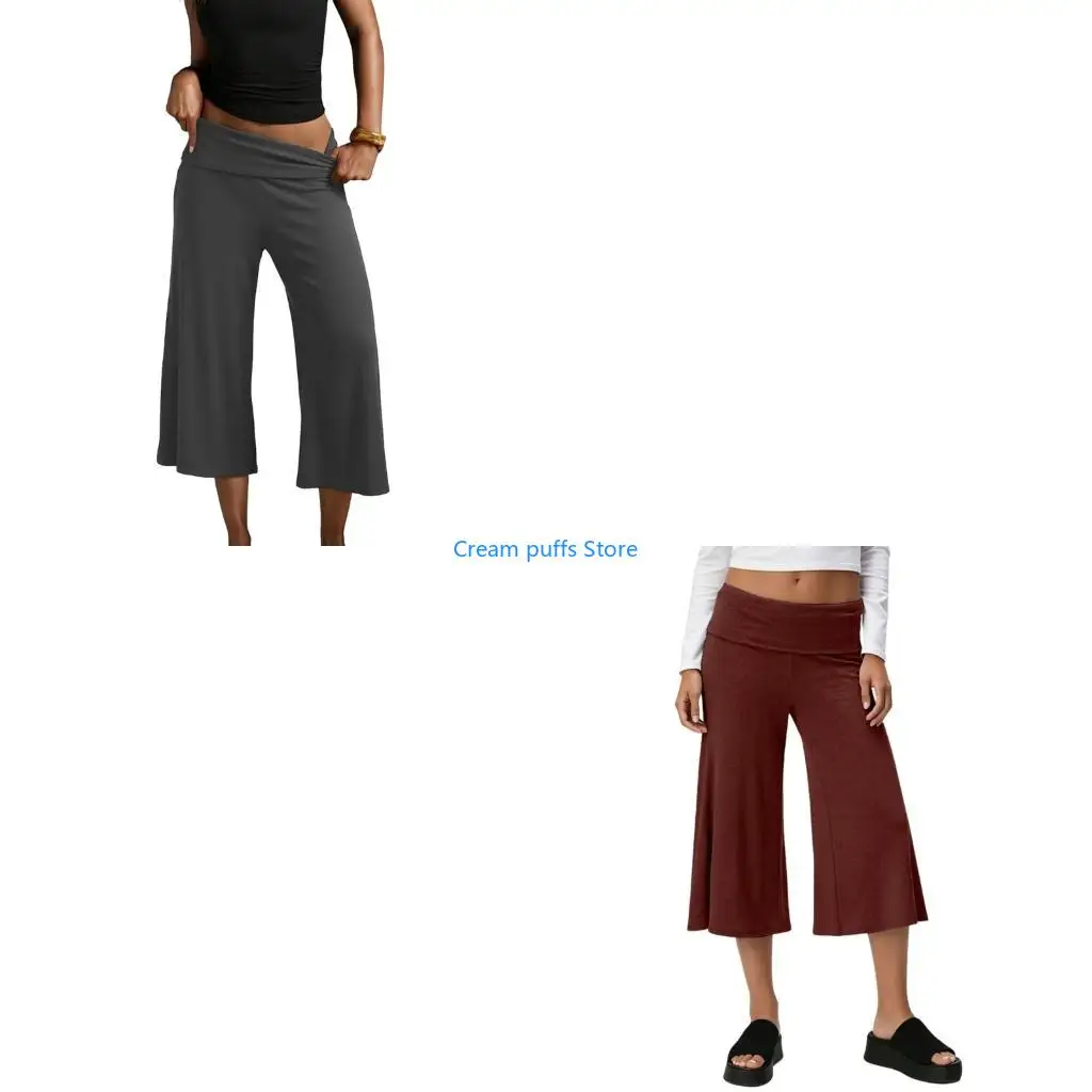 50LE Women Casual Loose Wide Leg Cropped Capris Pants Low Rise Fold Over Elastic Waist Flared Swing Gaucho Trousers For Beach