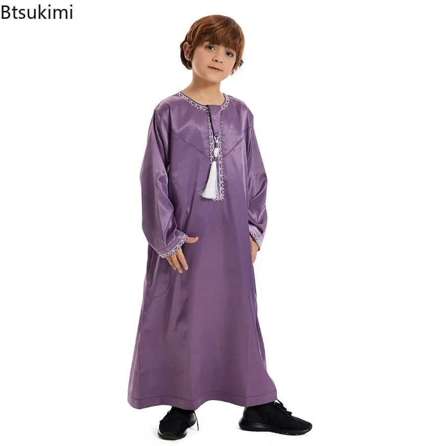 2025Muslim Kids Jubba Thobe Long Sleeve Embroidery Abaya Fashion Dress Caftan Children Kaftan Arab Islamic Clothing Ramadan Robe