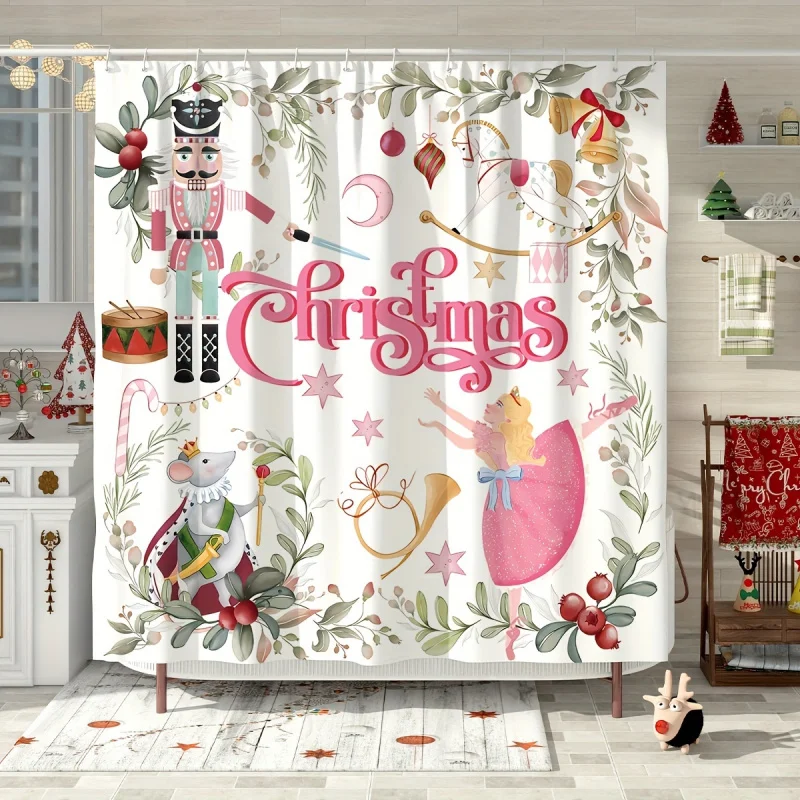 1pc Nutcracker Ballerina Christmas Print , Water-resistant Shower Curtain Including 12 Hooks, Bathroom Ac