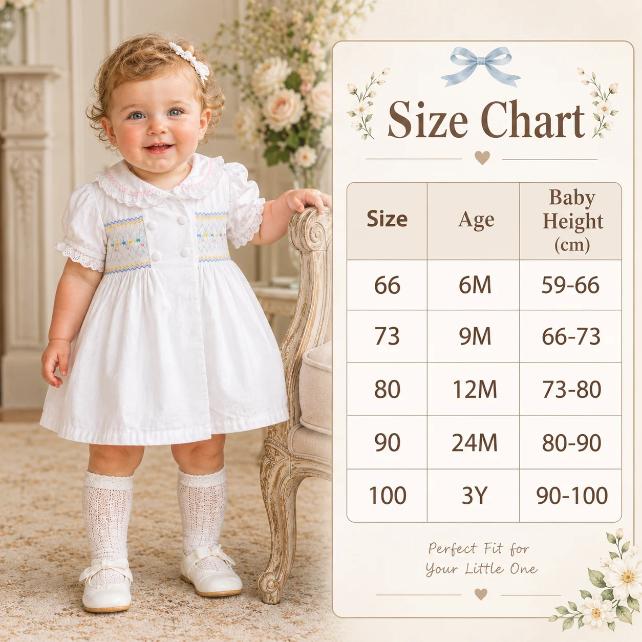 Handgefertigtes, smokiertes Babykleid im spanischen Vintage-Stil, Boutique-Kleid für Kleinkinder, weißes Taufkleid mit Peter-Pan-Kragen und Schleife, Bloomer-Set – Detail 2