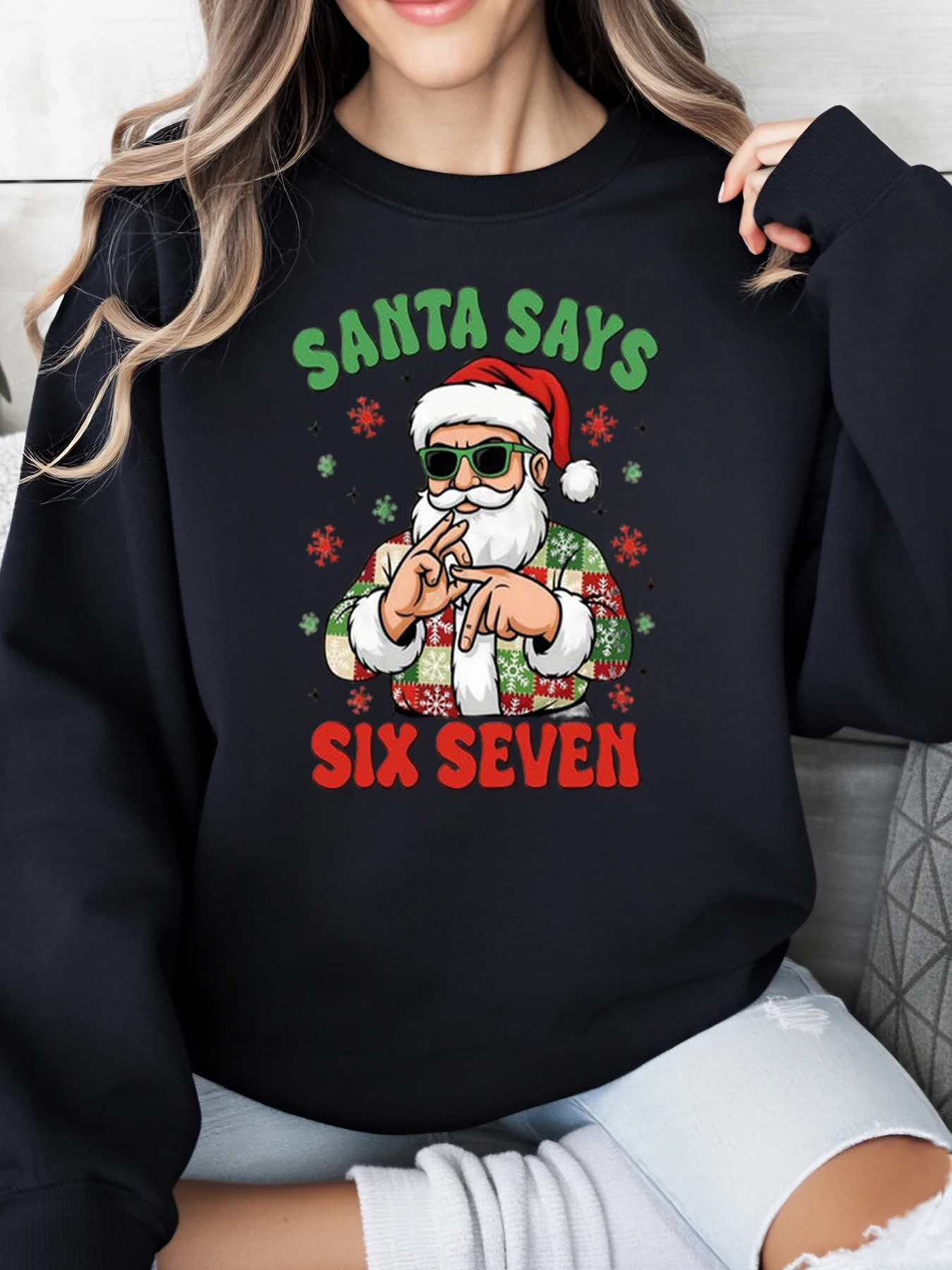 

Santa Says Six Seven Christmas Print Sweatshirt Women Casual Holiday Wear Black Plus-Size