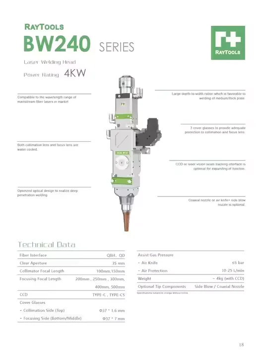 Suku Cadang Peralatan Kepala Las Laser Tipe Transmisi BW240 4KW Asli Efisien Tinggi