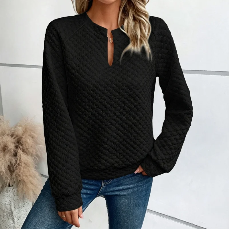 Women Solid Color Deep V Neck Raglan Spliced Long Sleeve Casual Sweatshirt,Texture Soft Loose Fit Pullover Top