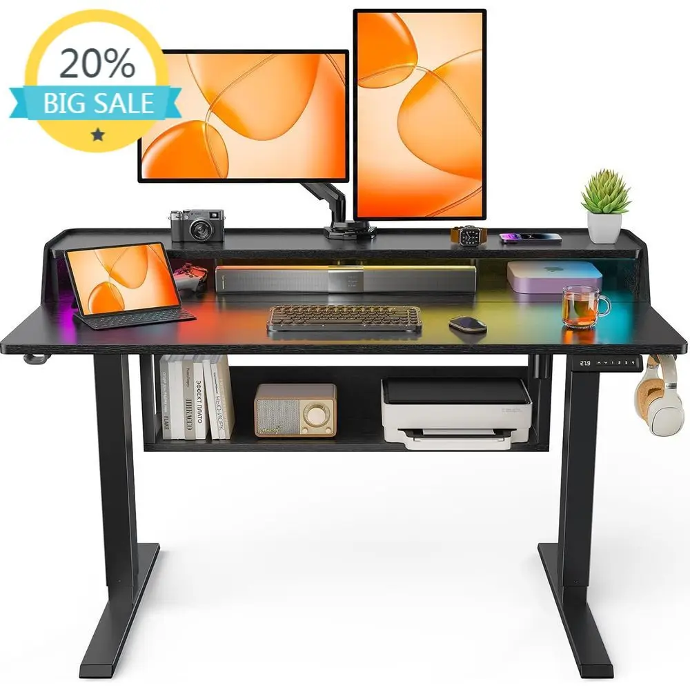 

Регулируемый по высоте стол 48x24 фута с книжной полкой, подставкой для монитора, светодиодной подсветкой, для дома или офиса, черный