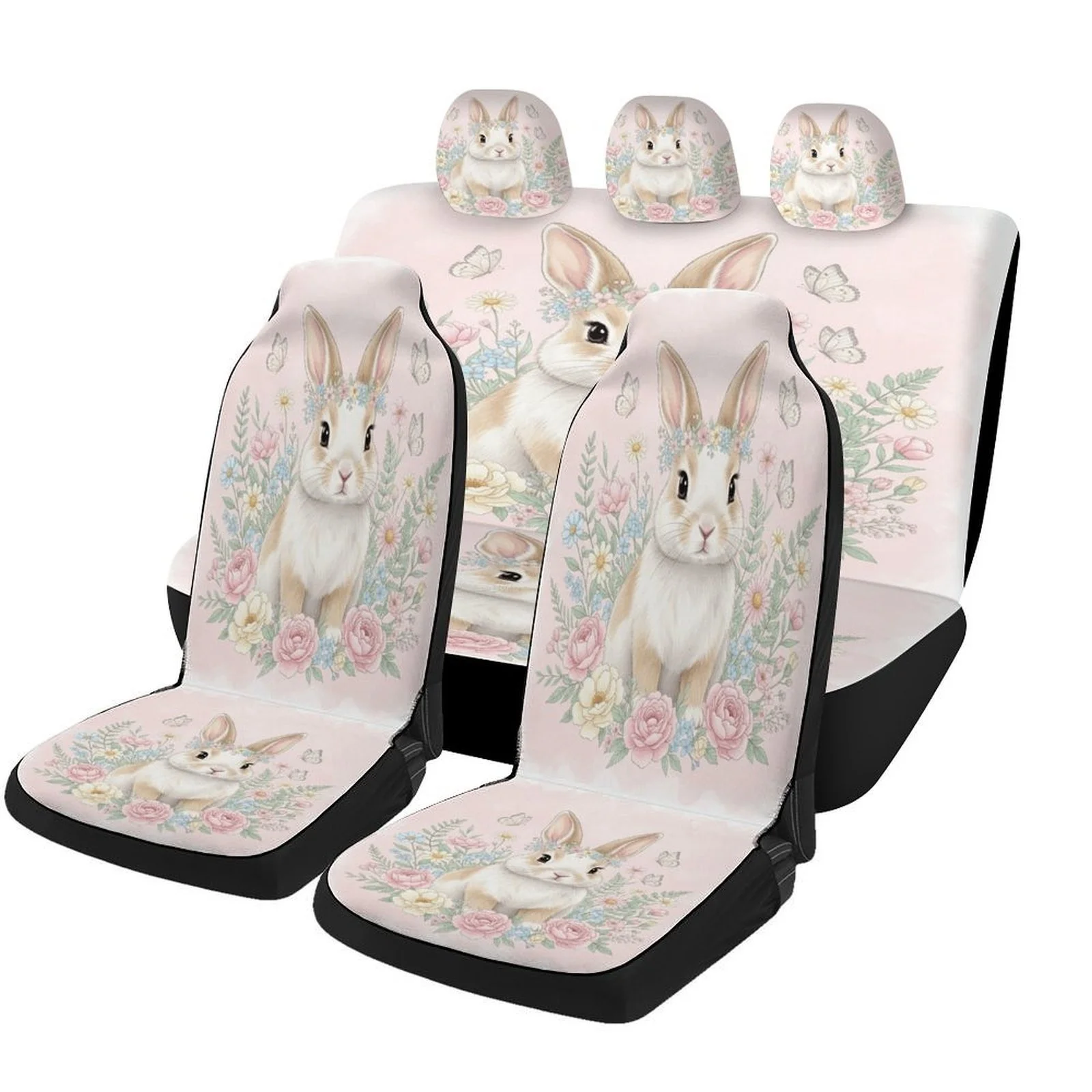 Floral Bunny Portrait Designed Car Seat Covers Set For Most Cars, Trendy Breathable Decorative Car Seat Protector Covers Full Se