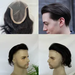 Swiss Lace Front PU Men's Toupee 6x8inch Human Hair Replacement System 9inches Long Hair for Men Hairpieces