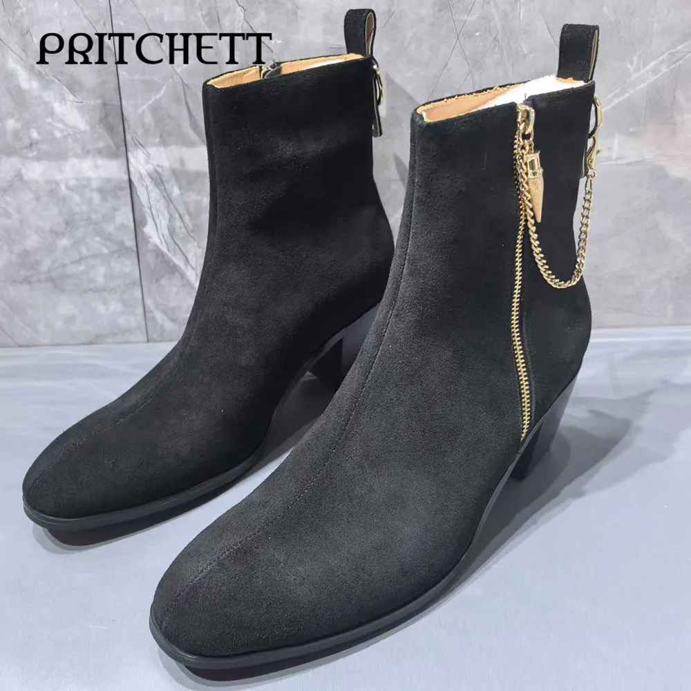 Metal Chain Decorated Matte Boots Black Suede Side Zipper Pull-On Ankle Boots Chunky Heels Casual Fashion Men's Chelsea Boots