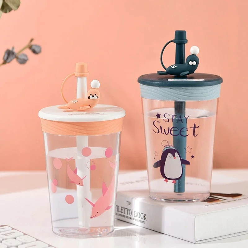 Botol Air Lucu untuk Anak Perempuan 450ml, Botol Minum untuk Perjalanan Luar Ruangan, Mendaki, Bebas BPA, Botol Sedotan Kreatif Musim Panas, Gelas Air untuk Pelajar