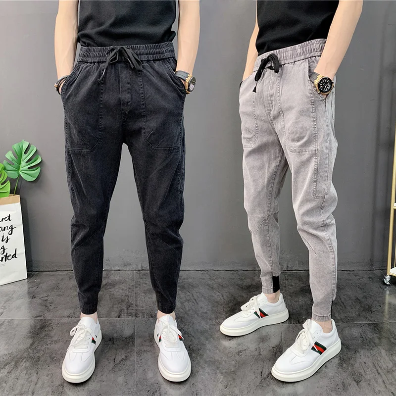 

Spring Autumn Korean Sle Slim Fit Nine Points Jeans Versatile Haome Elastic Cuffed Pants for Men Casual mid Waist Jeans