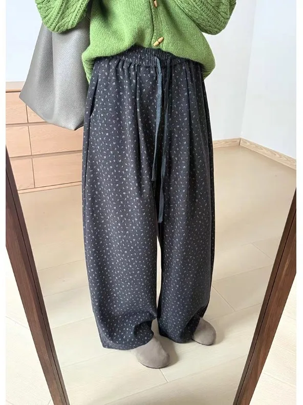 Koreaanse Sle bloemenprint ballonbroek dames winter Fce gevoerde losse pasvorm broek met rechte pijpen Casual Faion