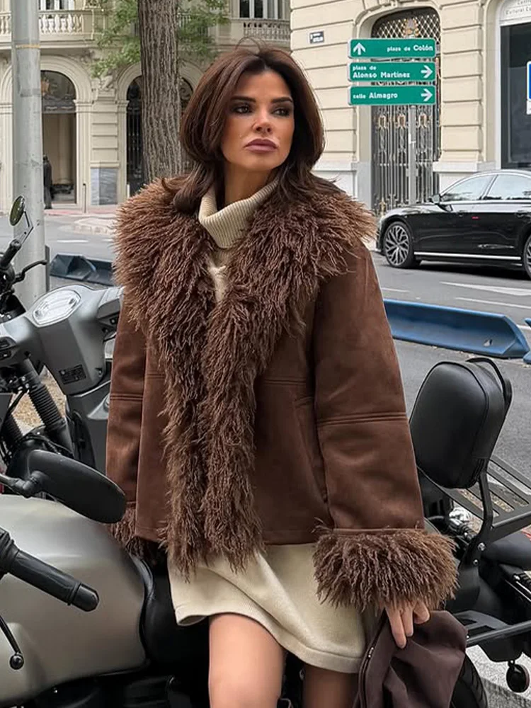 HH Women Warm Jacket Solid Long Sleeve Lapel Pocket Decorate Loose Coat Winter Woman Elegant faux Fur Effect Fashion Outwear